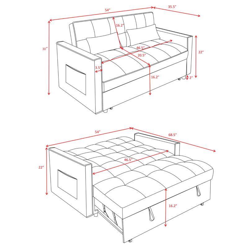 Gewnee 54" Modern Convertible Velvet Futon Sofa Bed with Pull-Out Bed,Sleeper Loveseat Sofa Couch with Adjsutable Backrest For Living Room,Office (Black) - Image 4