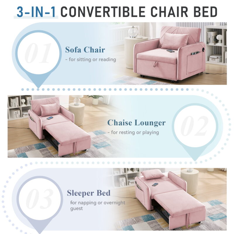 Dinosisco 3-in-1 Convertible Sleeper Chair Bed, Indoor Lounge Chair with USB/Type-C, Pink Velvet - Image 2