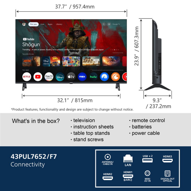 Philips 43" Class 4K Ultra HD (2160p) Google Smart LED TV (43PUL7652/F7) (New) - Image 5