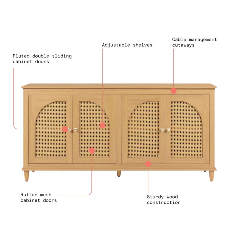 Beautiful Drew Rattan 4-Door Buffet Sideboard by Drew Barrymore, Warm Honey Finish - Image 5