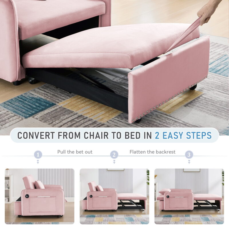 Dinosisco 3-in-1 Convertible Sleeper Chair Bed, Indoor Lounge Chair with USB/Type-C, Pink Velvet - Image 4