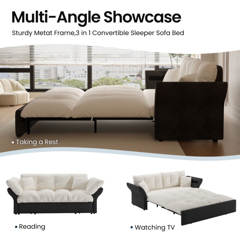 Aukfa 74.8" Queen Pull Out Sofa Bed, Convertible Loveseat Sleeper Sofa Couch with 2 Pillows, Tufted, Beige - Image 5
