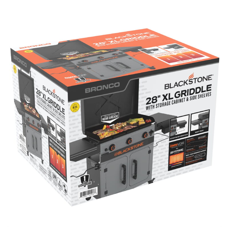 Blackstone Bronco 3-Burner 28" XL Omnivore Griddle with Dual Side Shelves and Cabinet - Image 4