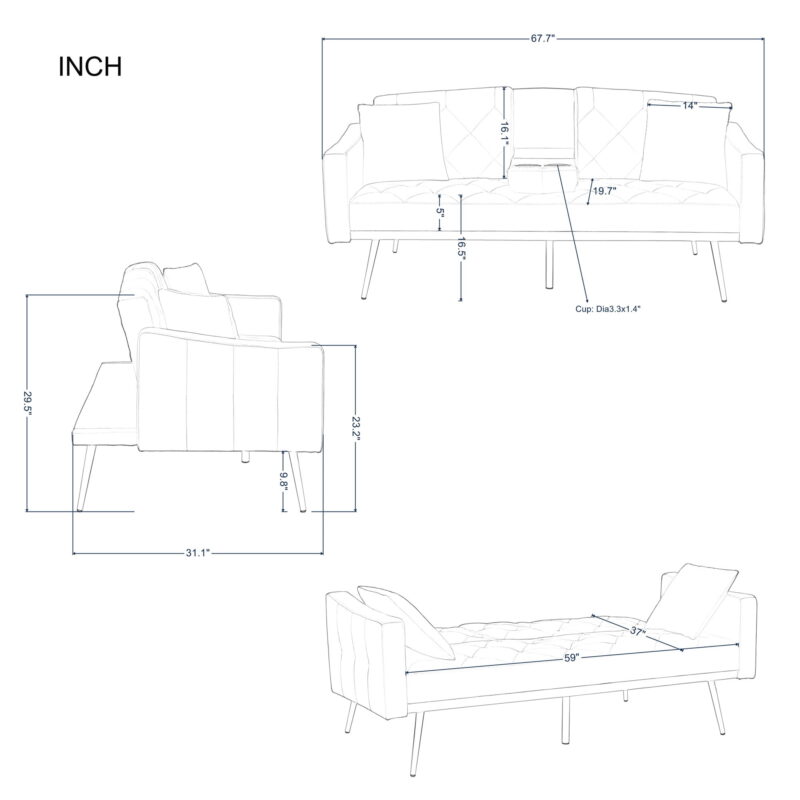 Aukfa Velvet Futon Convertible Sofa Bed for Home Office, 2 Pillows& Cup Holders, Tufted Futon, Gray - Image 6