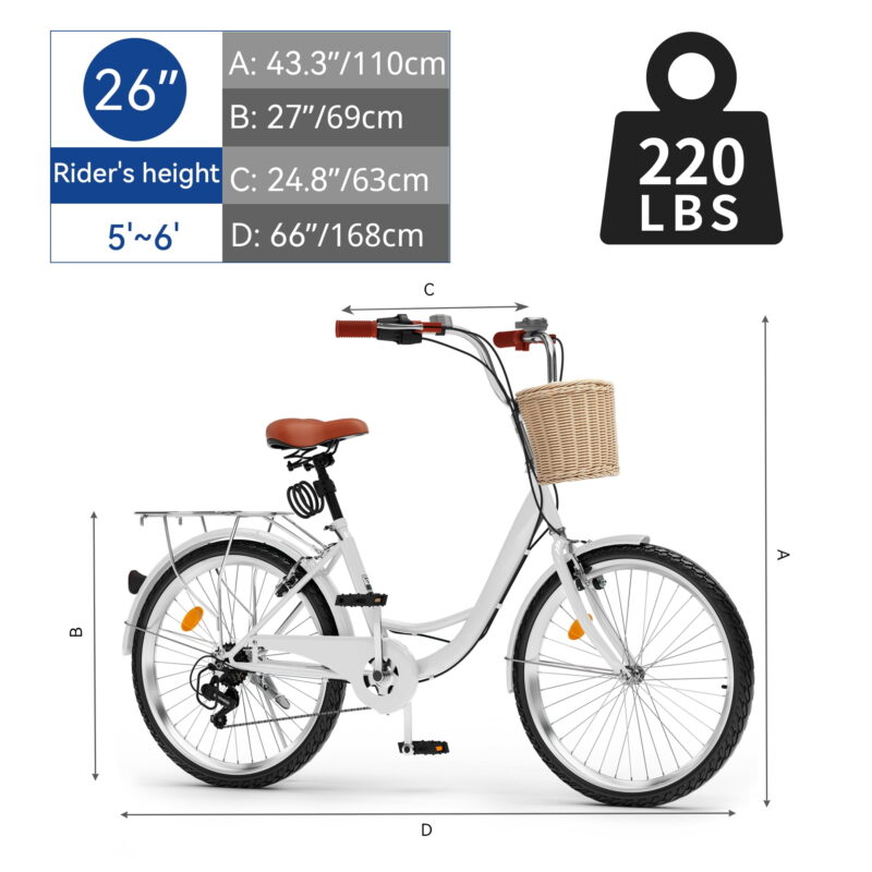 Uforic 26" 7-Speed Beach Cruiser Bike for Adults  – Adjustable Seat in White - Image 7