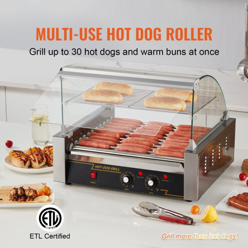 KFFKFF Backsplash Shelf 1650W Electric 30 Hot Dog 11 Roller Grill Cooker Machine - Image 2