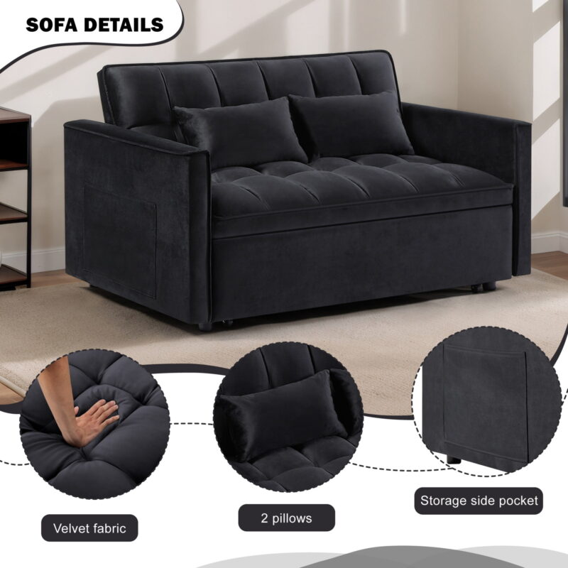 Gewnee 54" Modern Convertible Velvet Futon Sofa Bed with Pull-Out Bed,Sleeper Loveseat Sofa Couch with Adjsutable Backrest For Living Room,Office (Black) - Image 6