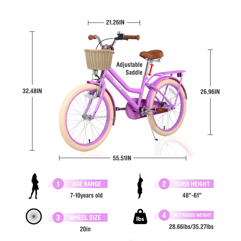 Aukfa 20 inch Girl's Bikes with Basket, Children's Bicycle for 7-10 Years Old Kids, Purple - Image 2