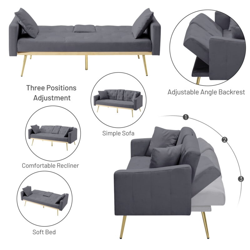 Aukfa Velvet Futon Convertible Sofa Bed for Home Office, 2 Pillows& Cup Holders, Tufted Futon, Gray - Image 4