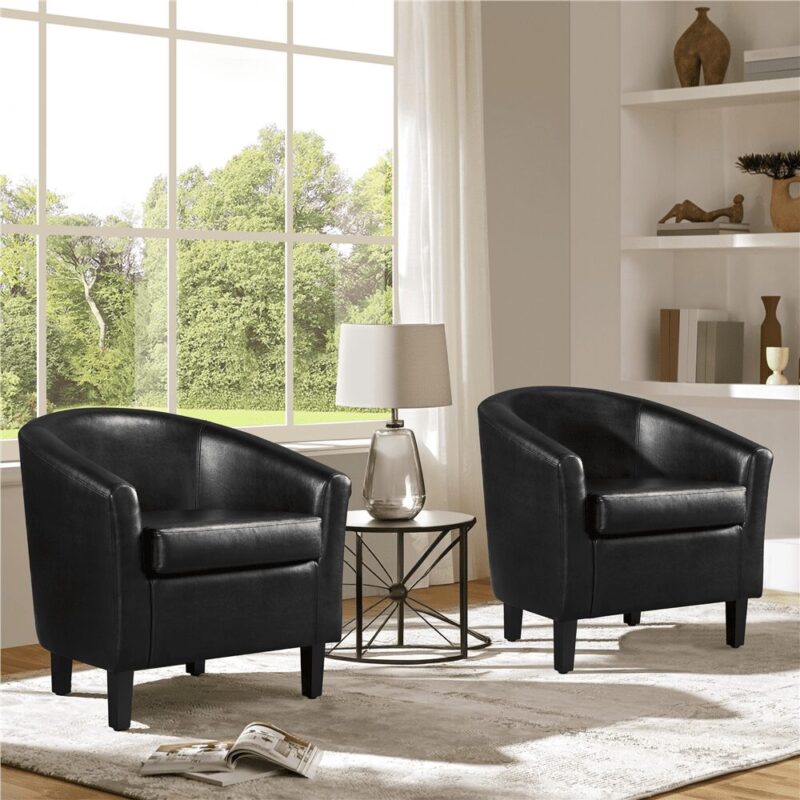 Renwick Faux Leather Barrel Accent Chair for Living Room, Set of 2, Black - Image 2