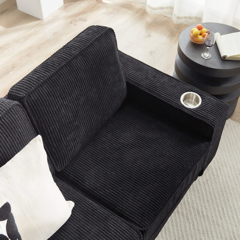 Dinosisco 83.9" Corduroy Sofa with Cup Holders, Modern 3-Seater Couch for Living Room, Black - Image 7
