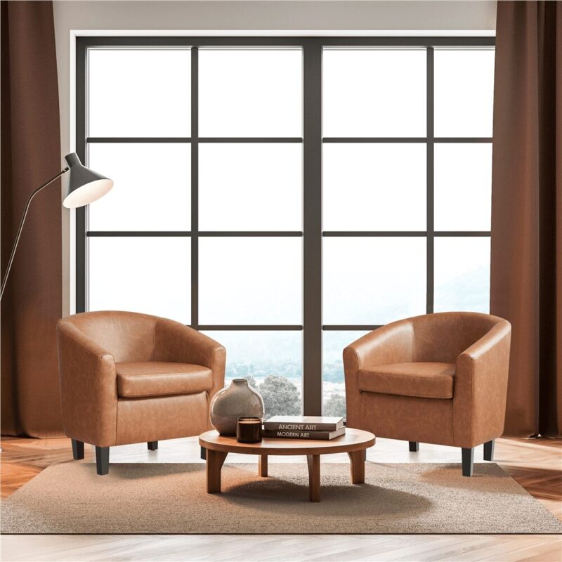 Renwick Faux Leather Barrel Accent Chair for Living Room, Set of 2, Brown - Image 7