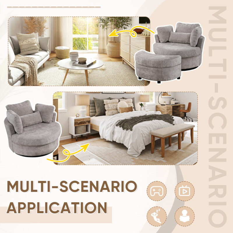 Dinosisco Oversized Swivel Accent Barrel Chair with Storage Ottoman, Chenille, Indoor, Gray - Image 5