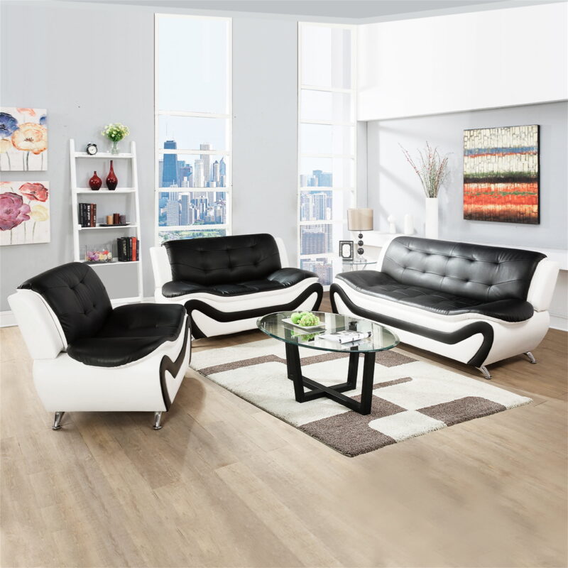 Aukfa 3 Piece Sofa Set - 76.5" Upholstered 3 Seat Sofa Couch for Living Room, Leather, Black&White - Image 7