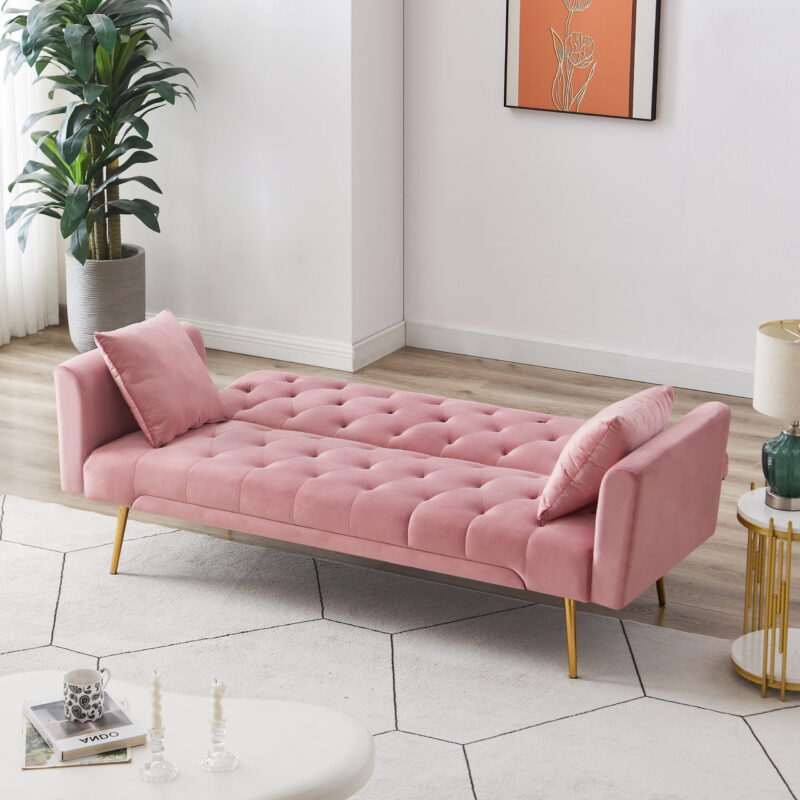 71 Inches Velvet Futon Sofa Bed with 2 Pillows,Modern Convertible Futon Couch with Adjustable Backrest,Pink - Image 4