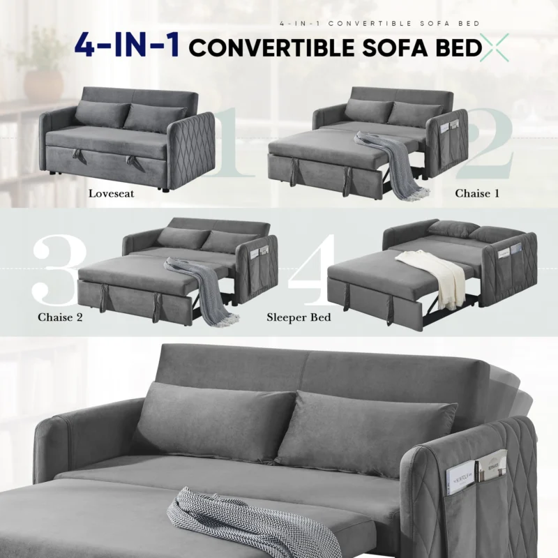 Lunale Convertible Futon Sofa Bed for Living Room, Modern Upholstered Loveseat Sleeper in Gray - Image 3