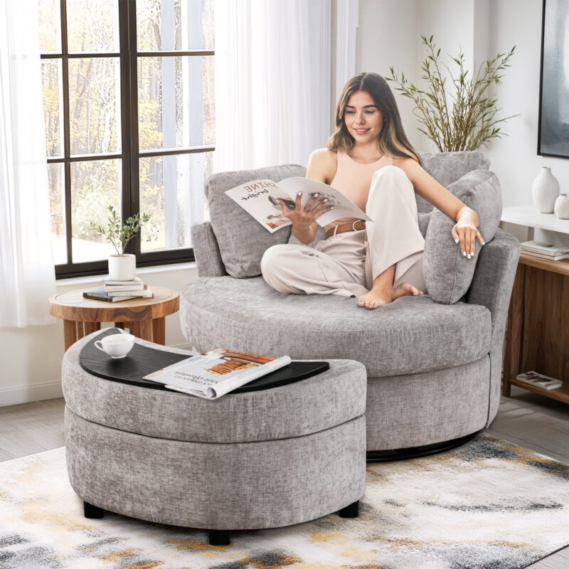 Dinosisco Oversized Swivel Accent Barrel Chair with Storage Ottoman, Chenille, Indoor, Gray - Image 4