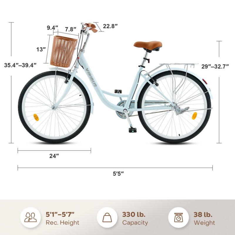 Viribus 24" City Cruiser Bicycle for Women,with Carbon Steel Frame Dual V Brakes Basket for Women Adults,Mint - Image 3