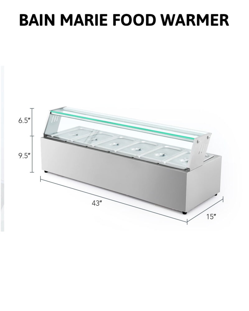 Wilprep Commercial Food Warmer w 6 Stainless Steel Pans Lids Glass Shelf Buffet Server - Image 2