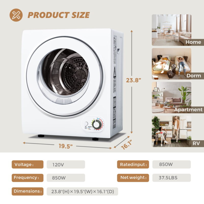 EUHOMY 1.5 Cu.Ft Portable Clothes Dryer 850W Front Load with 200 Minute Timer for Apartment Home DOE Certified, White - Image 7