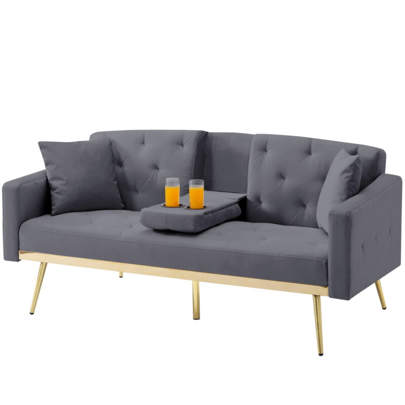 Aukfa Velvet Futon Convertible Sofa Bed for Home Office, 2 Pillows& Cup Holders, Tufted Futon, Gray - Image 5