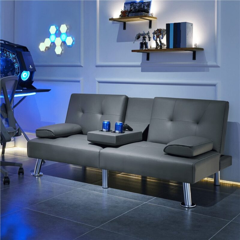 Renwick Modern Faux Leather Convertible Futon Sofa Bed with 2 Throw Pillows & Cup Holders, Gray - Image 7