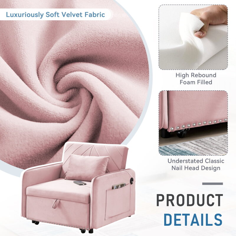 Dinosisco 3-in-1 Convertible Sleeper Chair Bed, Indoor Lounge Chair with USB/Type-C, Pink Velvet - Image 7