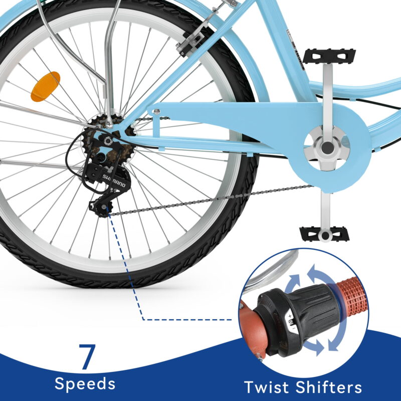 Uforic 24" Beach Cruiser Bike for Adults  – 7-Speed, Adjustable Seat in Light Blue - Image 5
