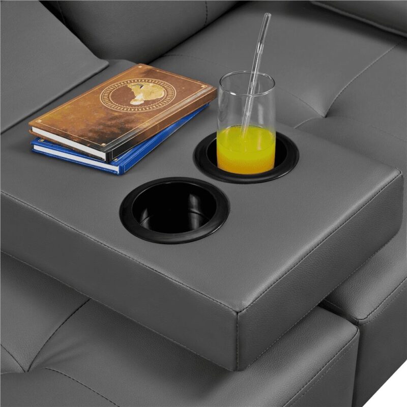 Renwick Modern Faux Leather Convertible Futon Sofa Bed with 2 Throw Pillows & Cup Holders, Gray - Image 5