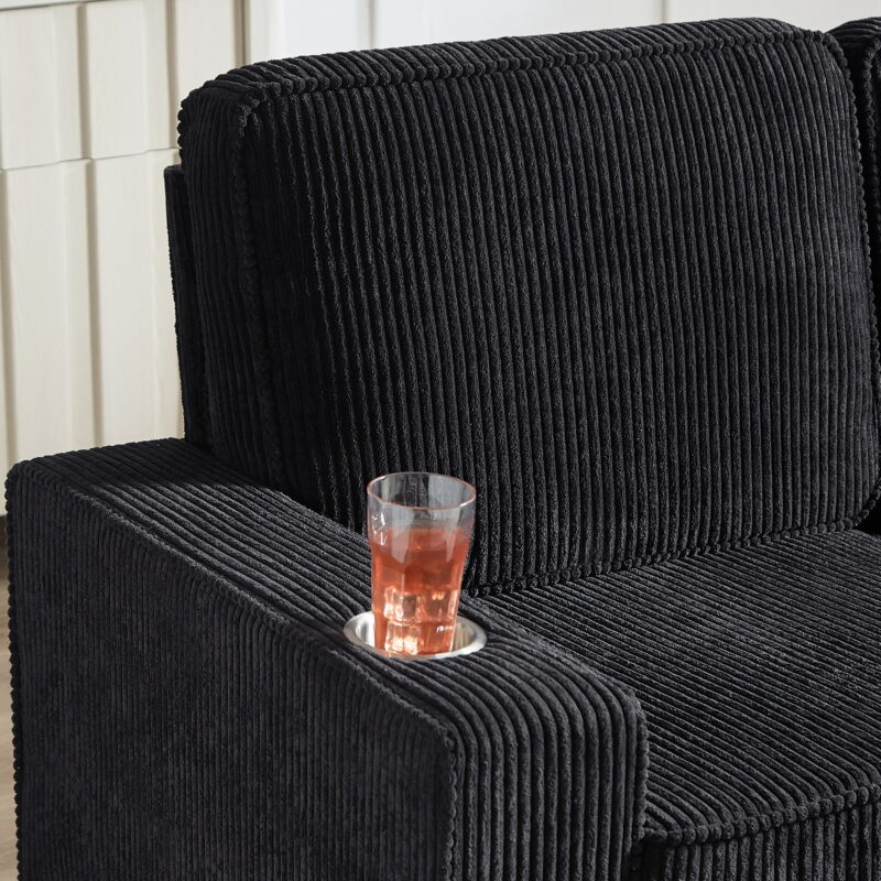 Dinosisco 83.9" Corduroy Sofa with Cup Holders, Modern 3-Seater Couch for Living Room, Black - Image 3