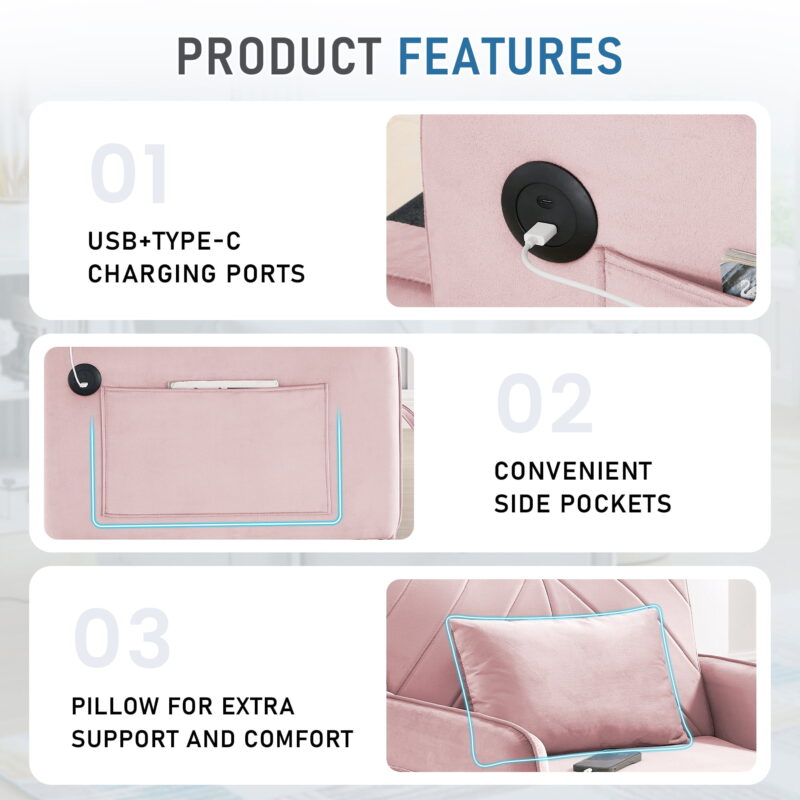 Dinosisco 3-in-1 Convertible Sleeper Chair Bed, Indoor Lounge Chair with USB/Type-C, Pink Velvet - Image 6
