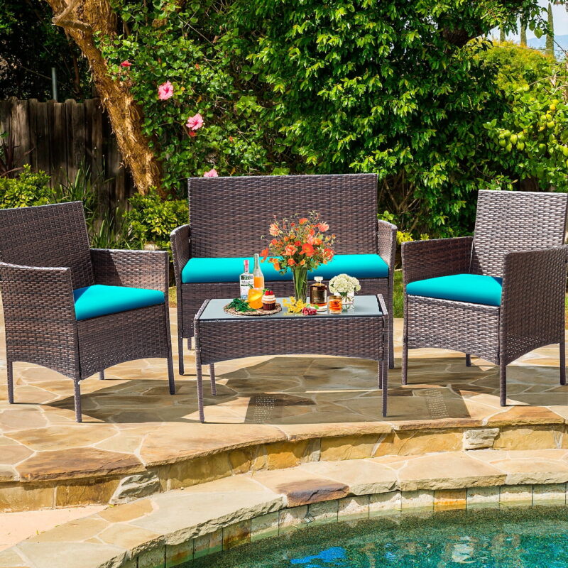 Lacoo 4 Piece Outdoor Patio Furniture PE Rattan Wicker Table and Chairs Set with Cushions, Blue - Image 4