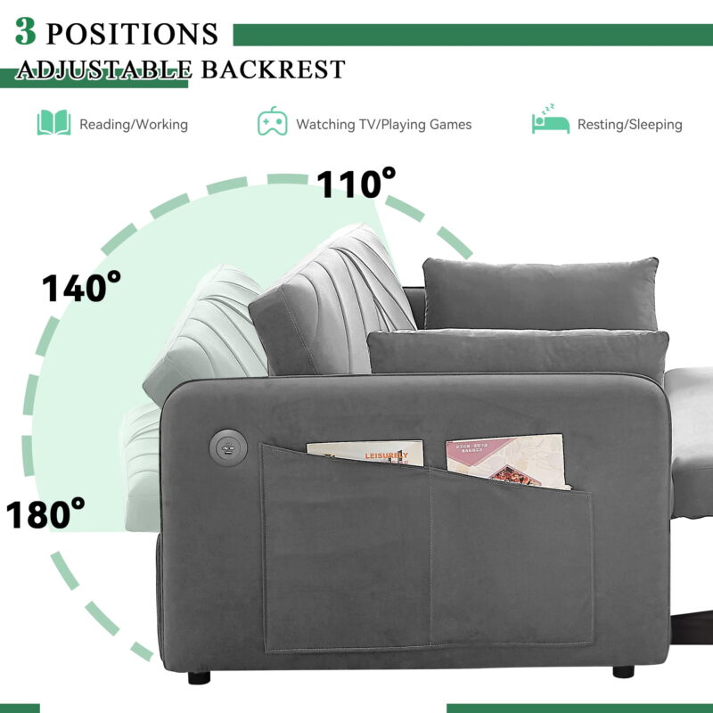 Dinosisco Convertible Sleeper Loveseat with USB, 55" Velvet Futon Sofa Bed, Gray - Image 3