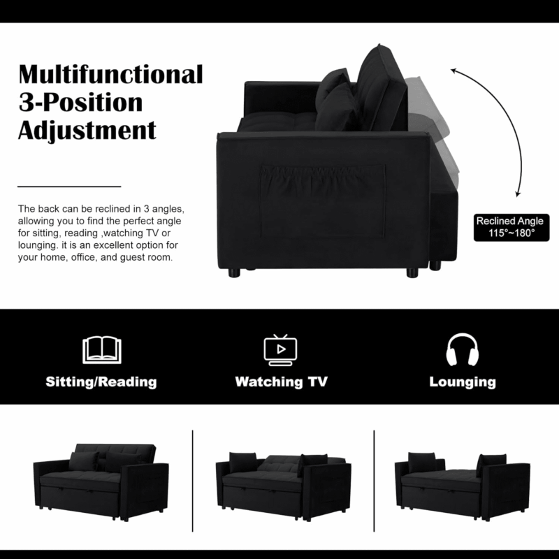 Gewnee 54" Modern Convertible Velvet Futon Sofa Bed with Pull-Out Bed,Sleeper Loveseat Sofa Couch with Adjsutable Backrest For Living Room,Office (Black) - Image 3
